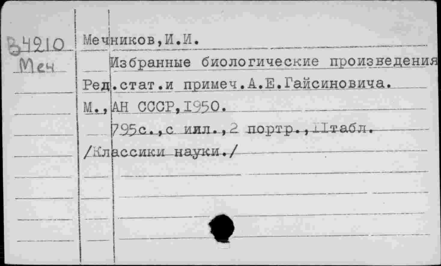 ﻿ЬЧ.210 -йен,-
Мечников,И.И.
, !	_ ,	■ - - - -- -  	=—-и»—«——
Из буранные био ло гические произв« Ред .стат. и примеч А.Е. Гайсинов_ича М.__, АН СССР, 1950.__________________
_ 795с.-,с иил.,_